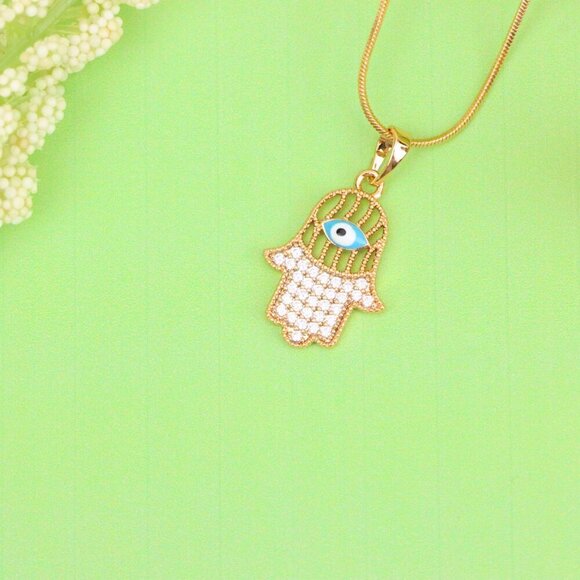 "Rose Gold Hamsa Hand Pendant with Evil Eye and Crystal Accents, XPPT1609 - Picture 7 of 13